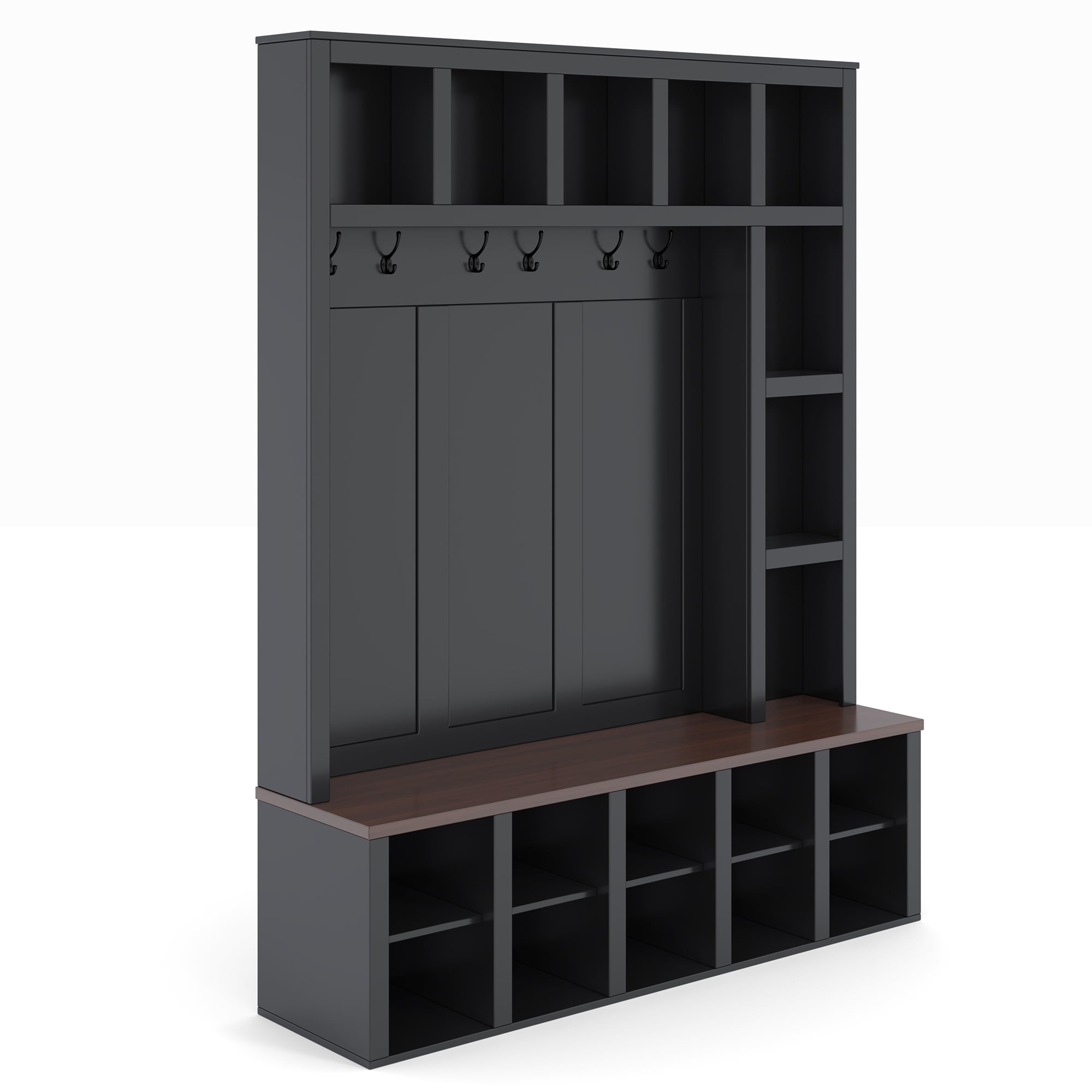 Mintazer 76.7"H Entryway Hall Tree with Bench & 13 Open Storage Compartments, 4-in-1 Entryway Organizer with Adjustable Shoe Shelves & 6 Hooks for Mudroom Hallway, Black