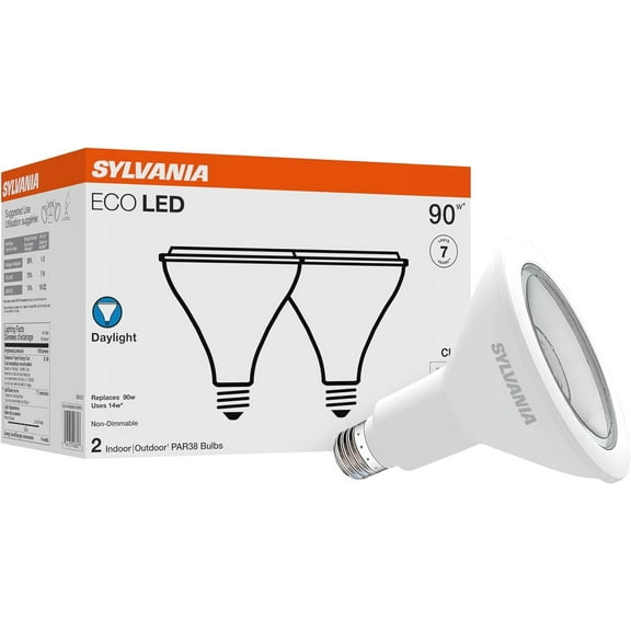 CERPXFF-Sylvania ECO LED PAR38 Light Bulb, 90W = 14W, 7 Year, Non-Dimmable, 1100 Lumens, Clear, 5000K, Daylight – 2 Pack (40882)