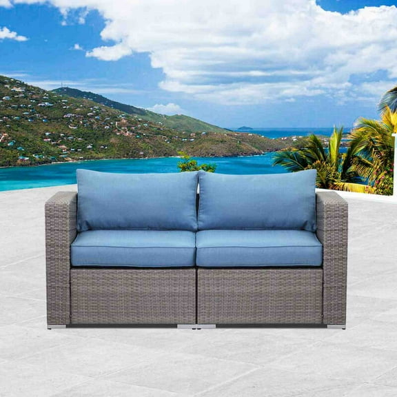 CozyHom 2 Pcs Outdoor Patio Loveseat Furniture Set, All Weather Wicker Patio Loveseat Outdoor Conversation Sofa Set, Blue
