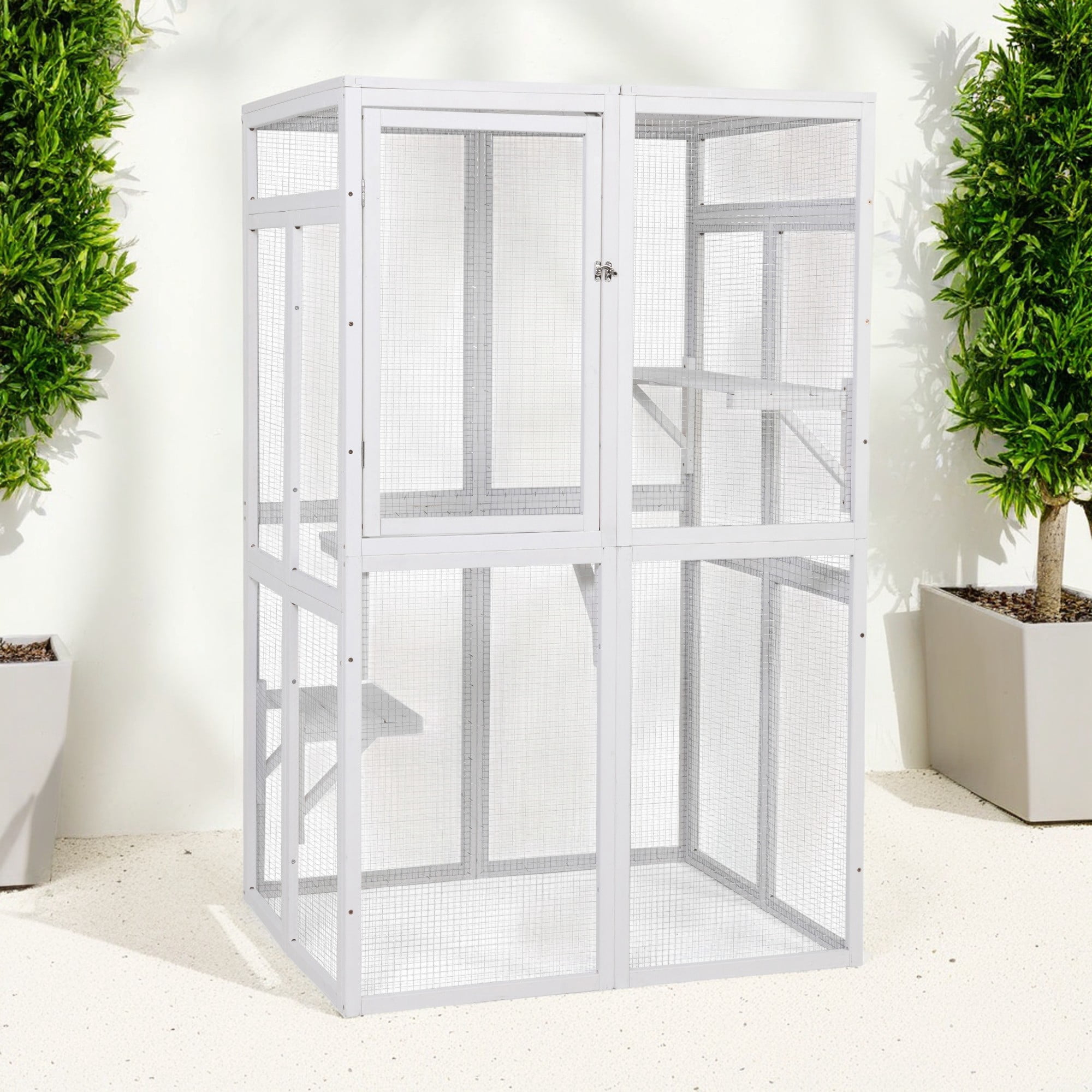 Pefilos 64" Outdoor Cat House, Large Cat Condo for Feral Cats Wooden Outside Cat Cage Weatherproof with Platforms, White