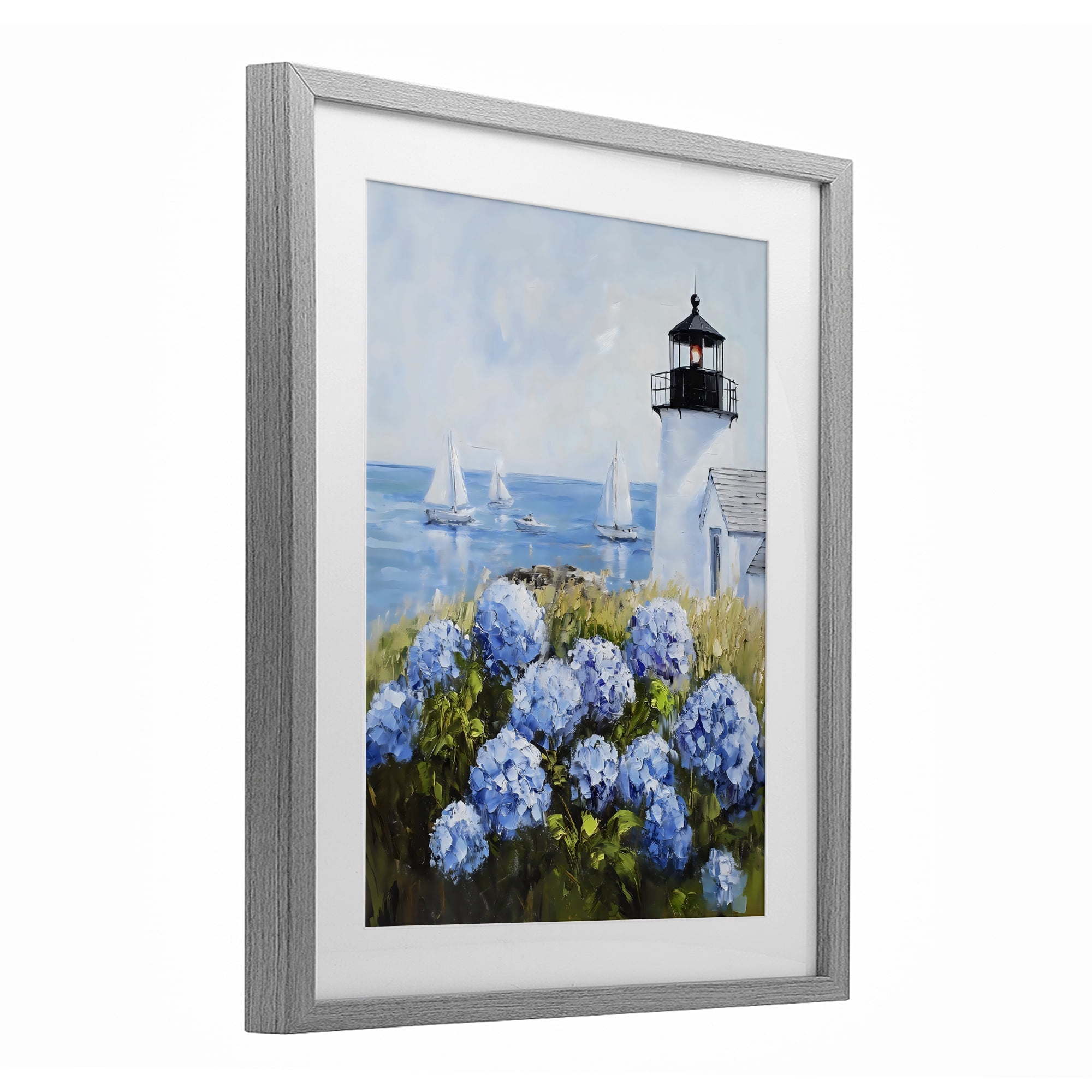 Stupell Industries Lighthouse Surrounded by Hydrangeas Gray Framed Print Under Glass, design by Arlington Prints