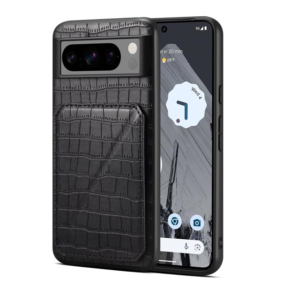 Allytech Slim Case Compatible with Google Pixel 8 Pro, Crocodile Print PU Leather Magnetic Hidden Card Holder Kickstand Shockproof Full Body Protective Wallet Case for Women Men, Black
