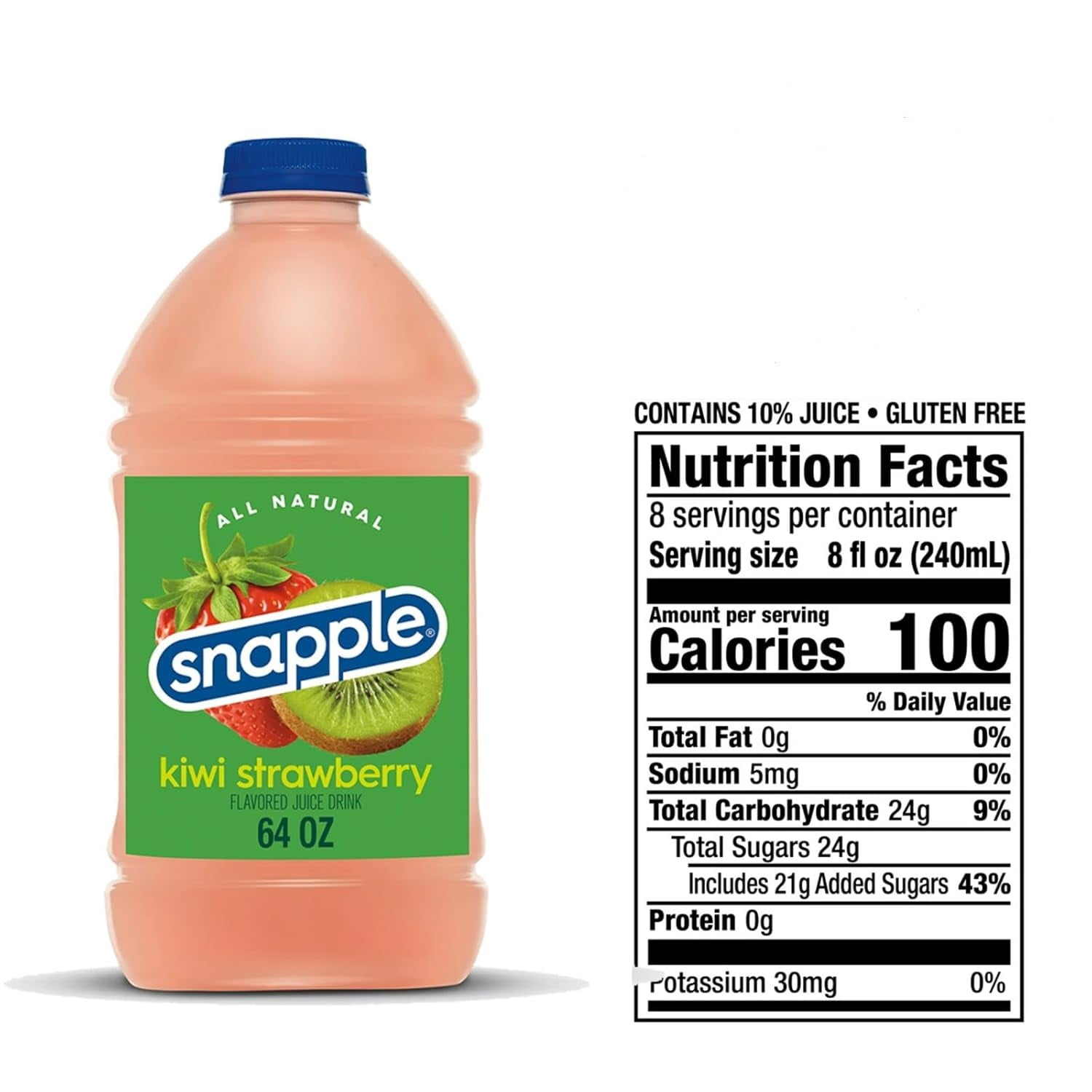 Snapple Kiwi Strawberry All Natural Juice Drink, Gluten-Free, 4-Pack, 64 fl oz Plastic Bottles