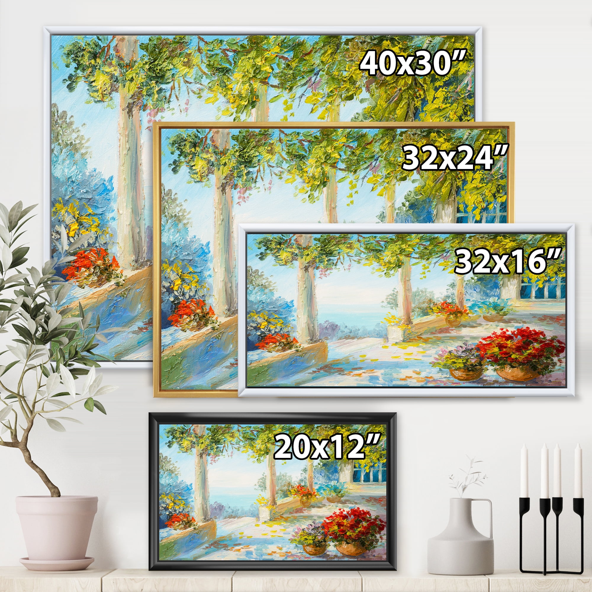 Designart 'Terrace With Red Flowers Near The Sea' Nautical & Coastal Framed Canvas Wall Art Print