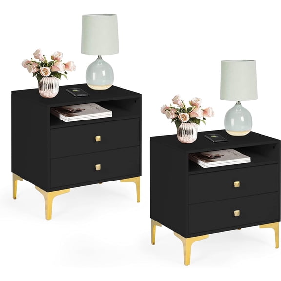 LAZZO Nightstand Set of 2 with Wireless Charging Function, Wooden NightStands with Drawers,Black