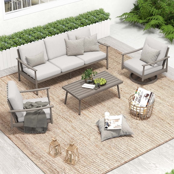 HAPPATIO 4-Pc Aluminum Patio Sofa Set, Outdoor Conversation set, 3 Seatsofa, Swivel Sofa x2, Coffee Table, Rope Design Backrest, for Yard, Deck