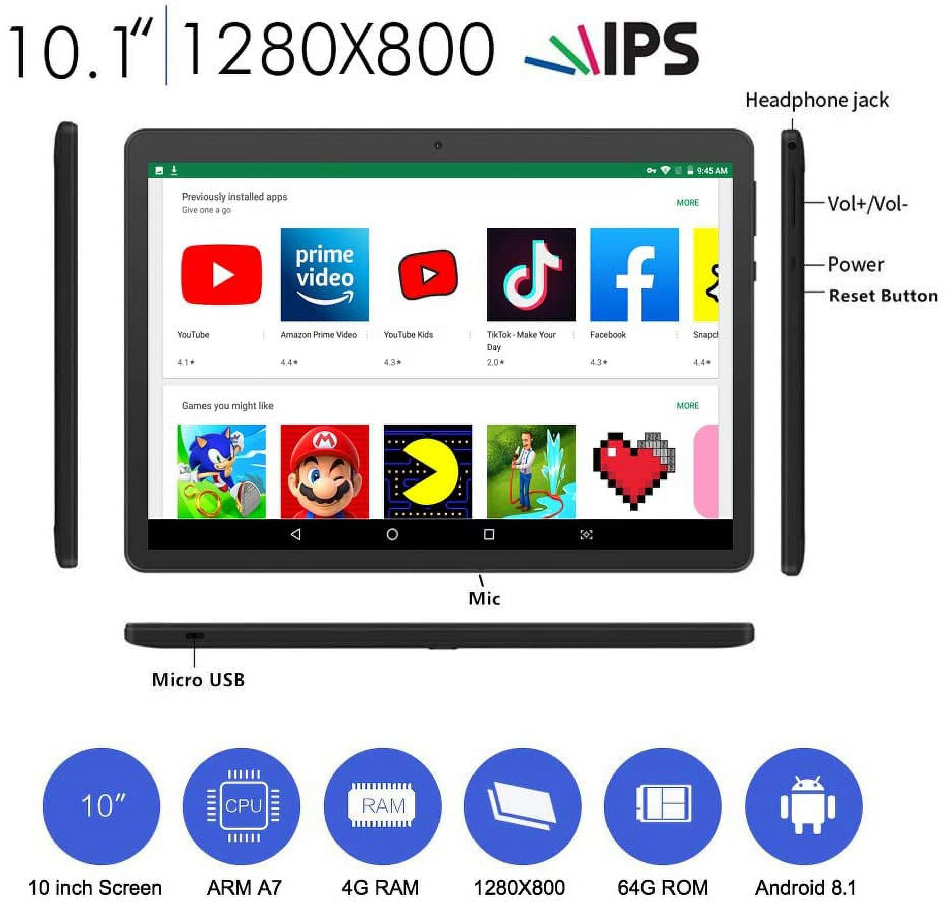 Foren-Tek 10 inch Android Tablet 4GB RAM 64GB ROM Octa Core with Dual Sim Card Slots - 3G Unlocked GSM Phone Tablets with WiFi Bluetooth GPS