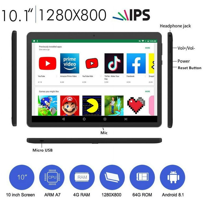 Tablette Tactile 10.1 Pouces 4G LTE, Android 10.0 Certifié par Google GMS Tablette  PC 64Go, 4Go de RAM, 4G Dual SIM Bluetooth, GPS