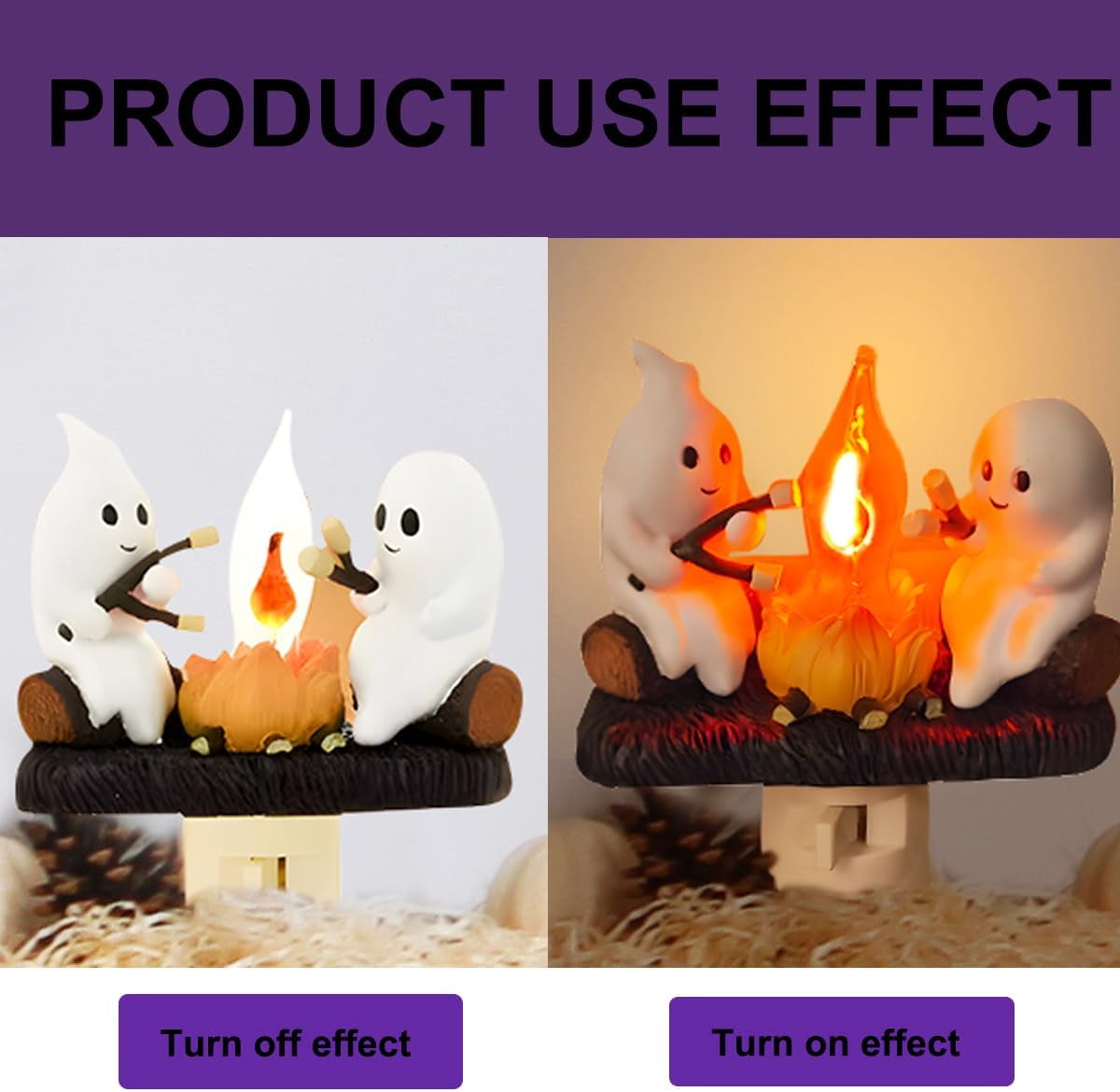 Ghost Campfire Flickering Night Light, Ghosts Campfire Flicker Flame Halloween Nightlight, 3D LED Small Electric Faux Campfire Night Light, Spooky Fire Marshmallow Night Light Halloween Gifts