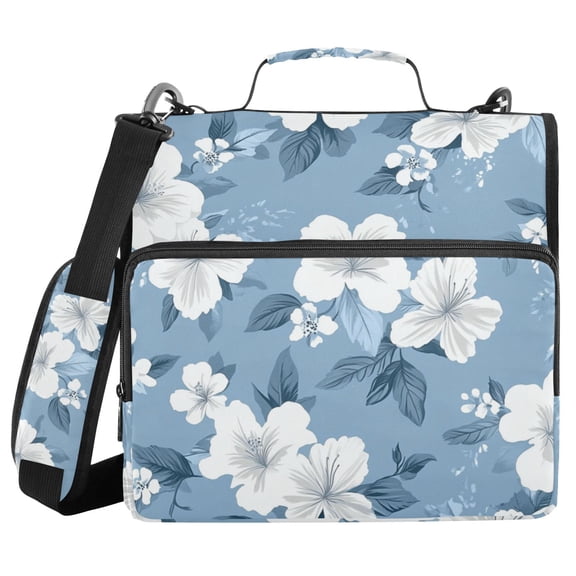 Hawaii White Florals Light Blue Background Binder Bag with Shoulder Strap 3 Ring Zipper Binder File Folder Document Storage