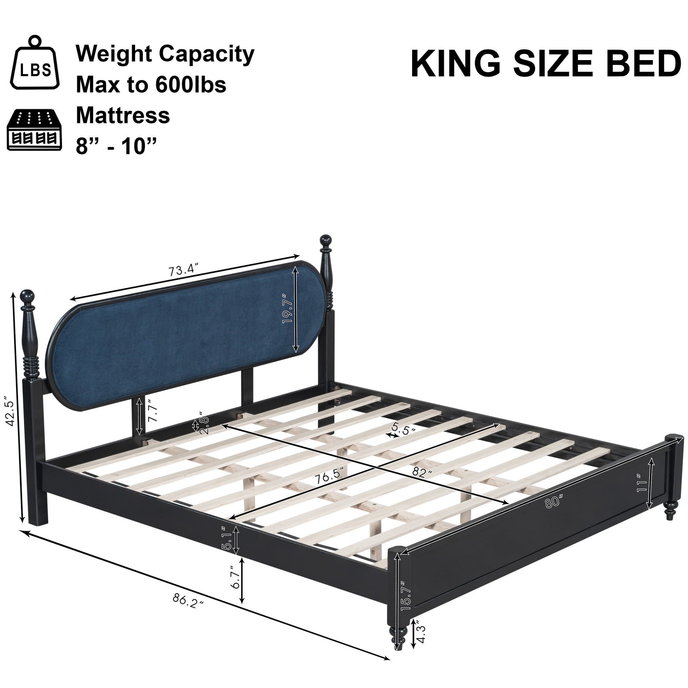 Christopher Knight Home Vintage King Platform Bed Frame with Upholstered Headboard, Black+Navy Blue