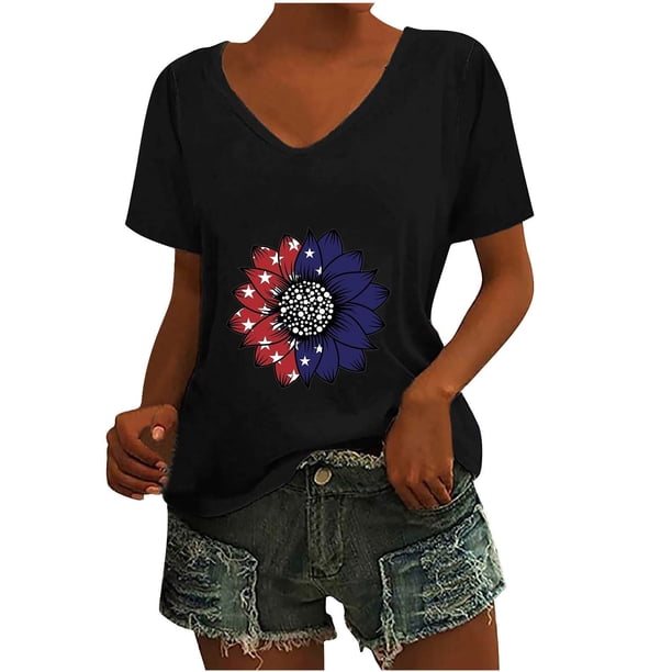 Camisetas Casuales de las Mujeres Gradiente Día de la Independencia Impreso Cuello Redondo, Blusa de Manga Corta para Diario, Fiesta Y Primavera Verano