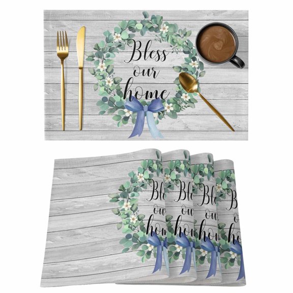 Spring Placemats Set of 8, Eucalyptus Leaves Garland Bless Our Home Wood Grain Non-Slip Place Mats Washable Table Mats for Kitchen Dining Table Decorations Indoor/Outdoor