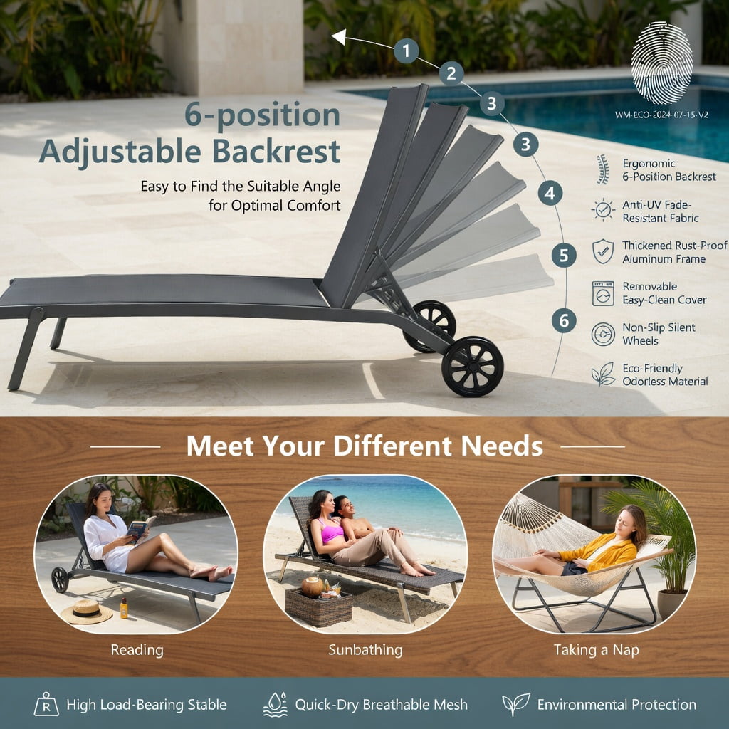 Hommoo 6-Position Adjustable Outdoor Chaise Lounge Chair with Smooth-Rolling Wheels, for Patio, Poolside & Backyard, Gray