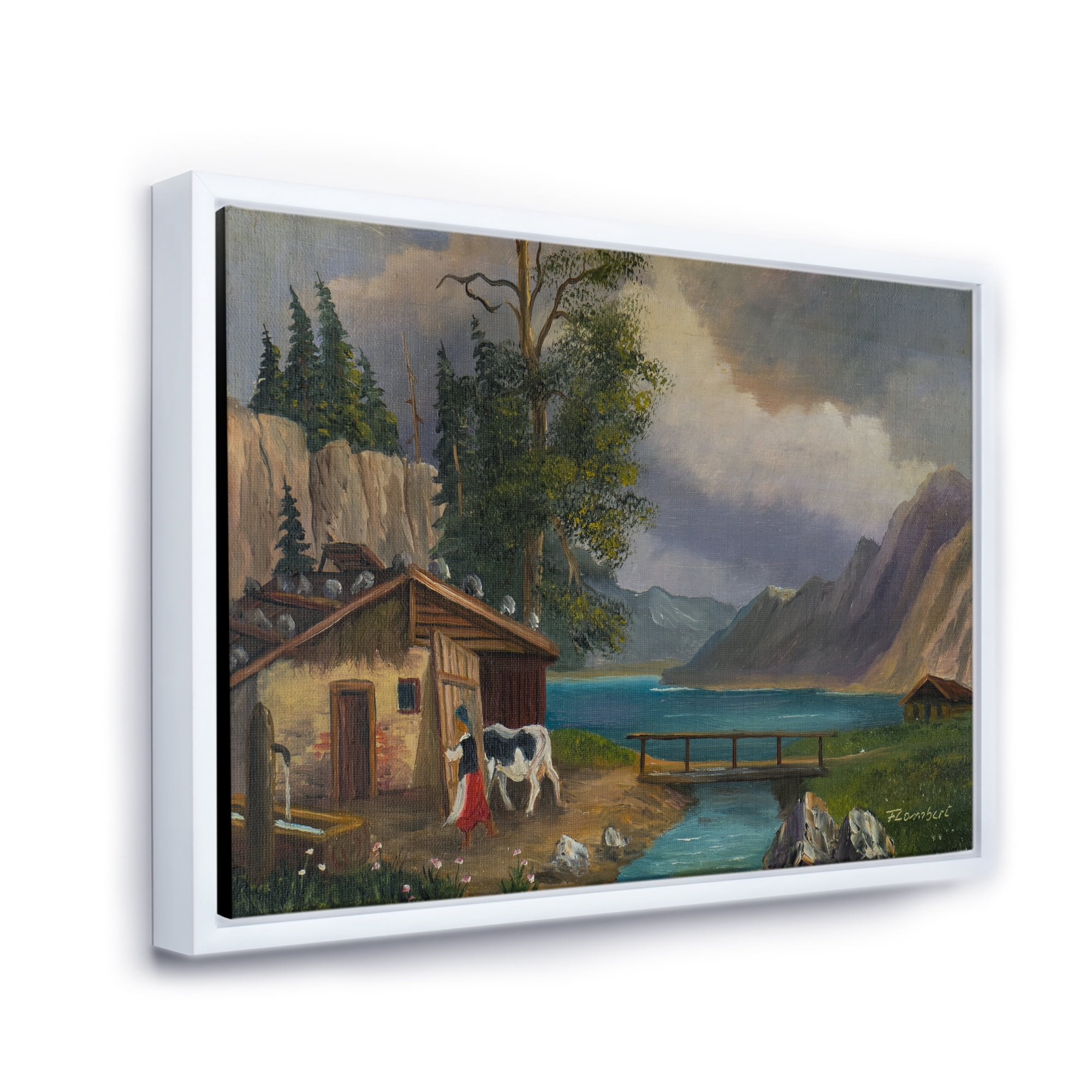 Designart 'Girl Brings The Cow Into The Stable At A Lake' Farmhouse Framed Canvas Wall Art Print