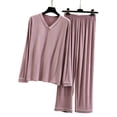 thumbnail image 7 of Women's V-Neck Loungewear Two Piece Set Loose Long Sleeve Top and Straight Leg Full Length Pants Soft Breathable Casual Pajama Set Purple, 7 of 7