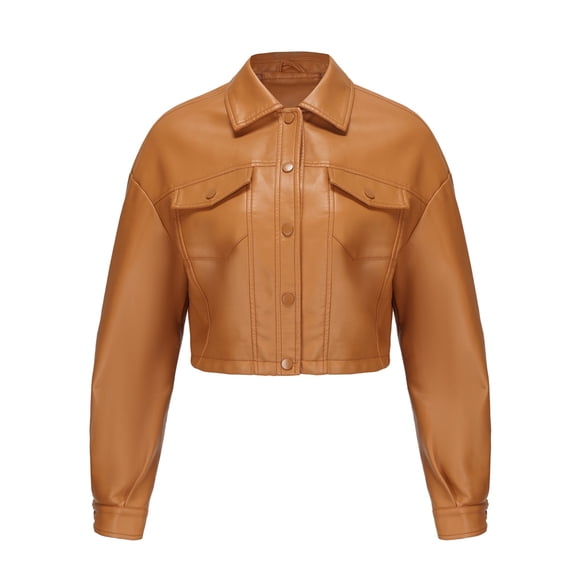 Women Motorcycle Coat Smooth Windproof Faux Leather Long Sleeves Single-breasted Short Type Pure Color Chest Pocket Slim Fit Jacket