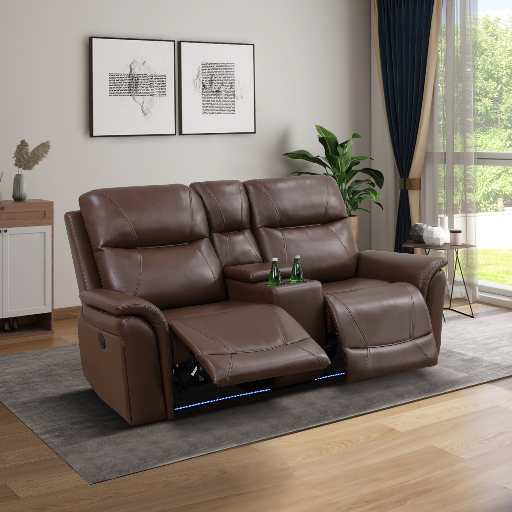 Gewnee Loveseat Power Reclining Multifunctional Sofa, Air Leather, Storage Console, Cup Holders,Dark Brown