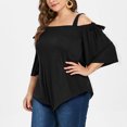 thumbnail image 4 of Olyvenn Women's Trendy Plus Size Ruched Blouses Sales Asymmetric Cold Shoulder Shirts Oversized Loose Casual Tunic Blouse 2023 Fashion Summer Halter Sling Short Sleeve Tees Solid Tops Black 18, 4 of 9