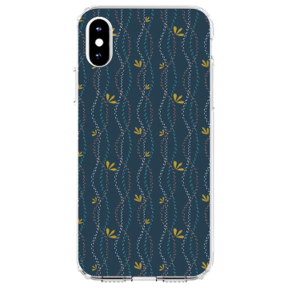 DistinctInk Clear Shockproof Hybrid Case for iPhone XS Max (6.5" Screen) - TPU Bumper, Acrylic Back, Tempered Glass Screen Protector - Modern Floral - Wavy, Navy, Pink, Teal