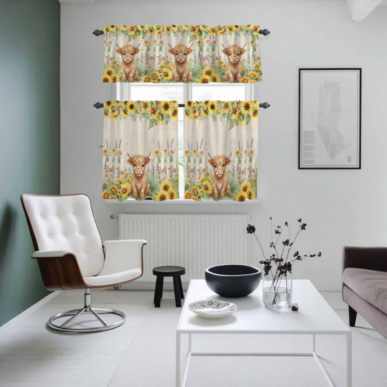 Farm Highland Cattle Kitchen Curtains Valance and Tier Set Farmhouse Sunflower Cow Fence Linen Texture Rod Pocket Short Curtains for Small Window 3 Pieces Set for Bedroom Cafe (54" x 18"+27" x 24")