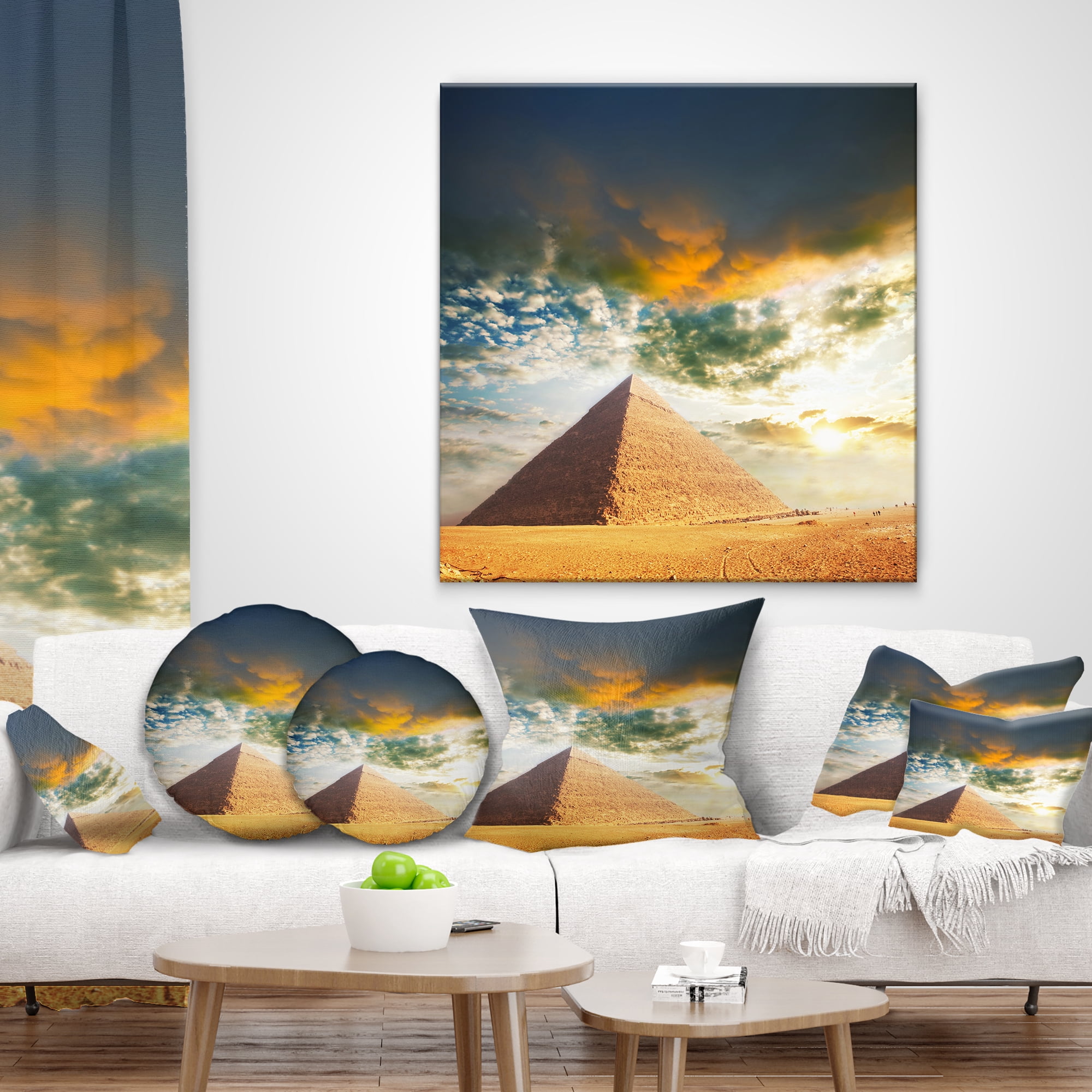 Designart Egyptian Pyramid under Cloudy Skies - Modern Landscape Printed Throw Pillow - 12x20