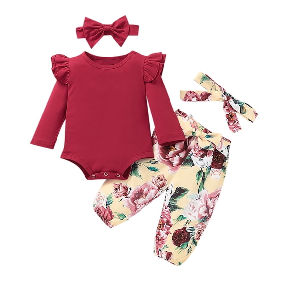 Dezsed 0-24Months Fall 2025 New Toddler Girl Outfits Solid Color Lace Long-Sleeved Romper Printed Trousers   Headband Suit 3Pcs Girl Boutique Outfit