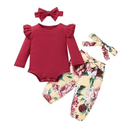 

Winter Savings Clearance! Stamzod 0-24Months Fall 2022 New Toddler Girl Outfits Solid Color Lace Long-Sleeved Romper+Printed Trousers + Headband Suit 3Pcs Girl Boutique Outfit