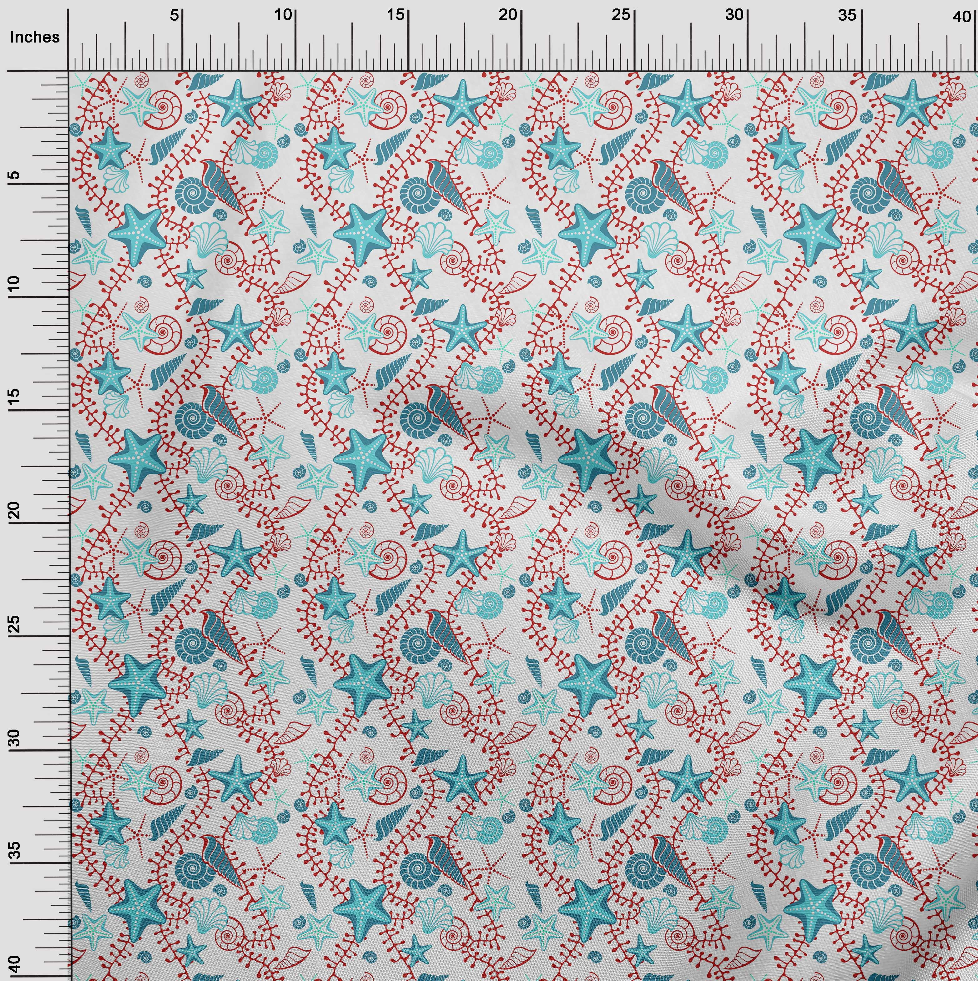 oneOone Cotton Cambric Dark Teal Green Fabric Beach Starfish &Shell Sewing Craft Projects Fabric Prints By Yard 42 Inch Wide