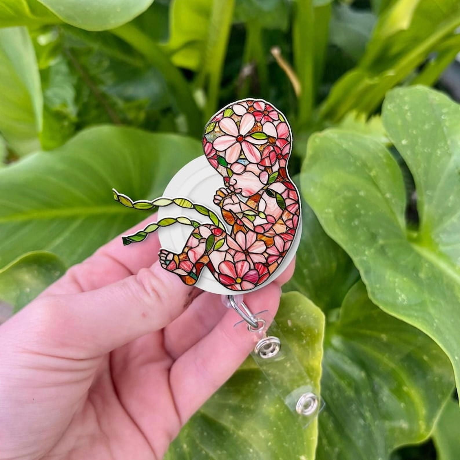 ViciArt Floral Fetus Badge Reel, Acrylic Retractable ID Holder, Pink Flower Pattern, OB Nurse Clip