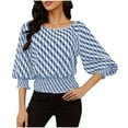 thumbnail image 3 of Nfurl Elegant Lantern Sleeved Blouses for Women Dressy Casual Striped Long Sleeve Tops Fashion Crewneck Going Out Top Light Blue M, 3 of 10
