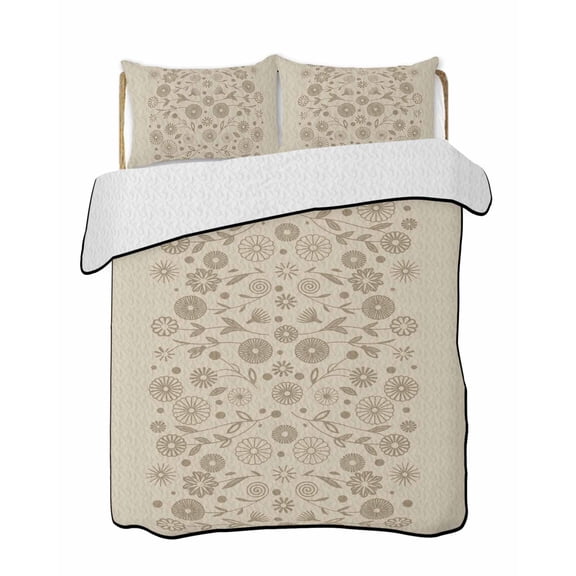 Quilt King Size Bedding Set, Japanese Reversible Summer Quilt 3 Pieces, Beige Farmhouse Retro Floral Leaf Pattern Lightweight Bedspreads Coverlets with 2 Pillow Shams for All Seasons