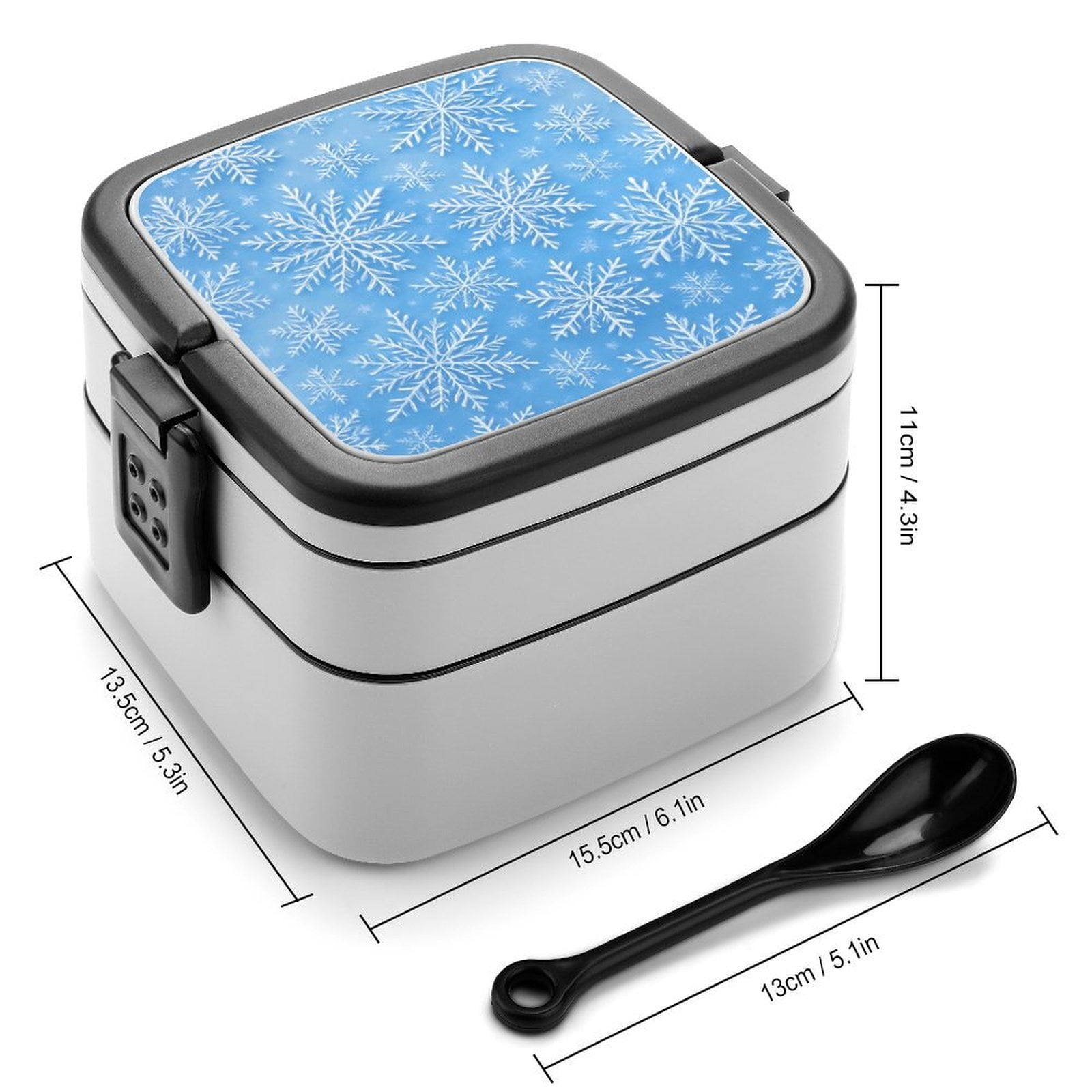 5.3×4.3in Double-Layer Bento Box Sealing Leakproof Partition Design Buckle Design Convenient Switch With Handle Winter Snowflake Pattern