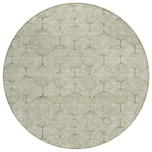 HomeRoots 583644 8 ft. Round Geometric Washable Indoor & Outdoor Area Rug, Artichoke Green & Ivory