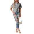 thumbnail image 4 of QASIEATN Ladies' Puff Sleeve Button Up Tops Summer Striped Stand Up Collar Fashionable Casual Loose Short Sleeved T Shirt, 4 of 6