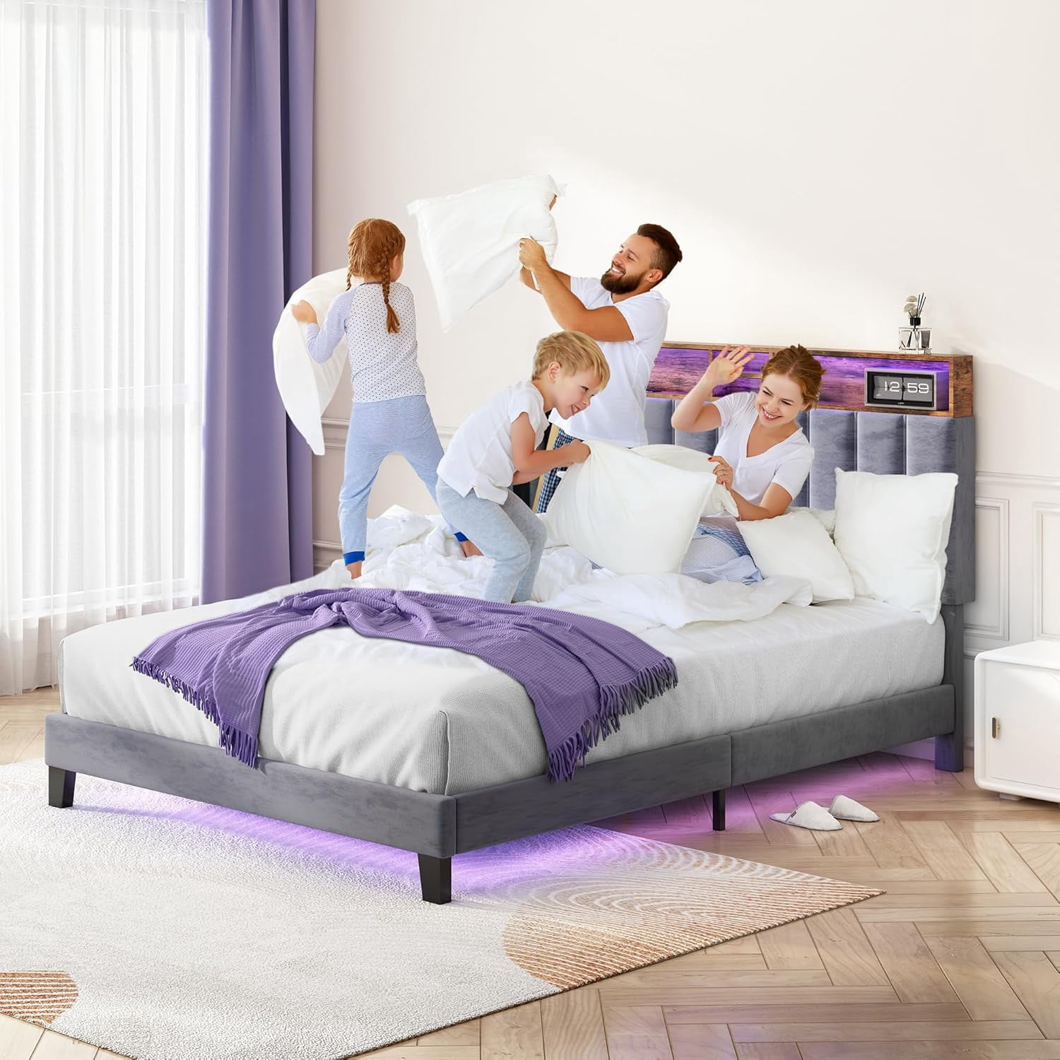 Sersper Full Size Platform Bed Frame with Storage Upholstered Headboard, Built-in Charging Station & RGB LED Lights, Noise-Free, Easy Assembly, Gray