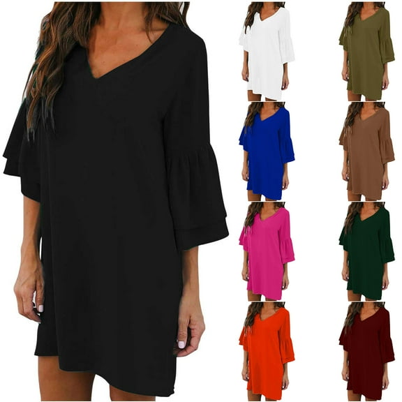 Puyaiuu New Womens Dresses Summer Leisure V-Neck 3/4 Sleeve Mid-Length Dress Breathable Beach Dresses for Women Solid Plus Size Summer Dresses