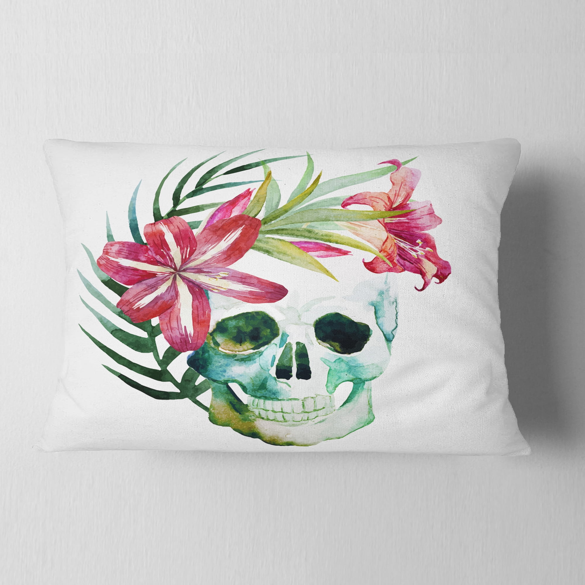 Designart Watercolor Skull with Flowers - Floral Throw Pillow - 12x20