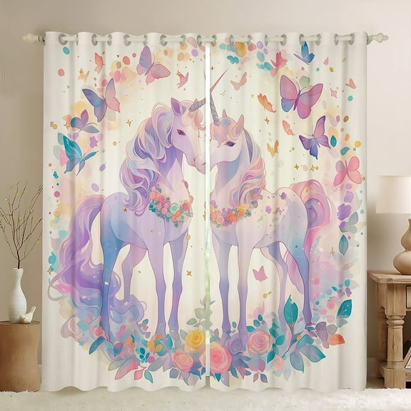Manfei Purple Unicorn Black Out Curtains for Kids, Dreamy Butterfly Animal Curtains Pack of 2 (42x63 Each), Garden Floral Flower Bedroom Curtains, Curtains and Drapes Decor