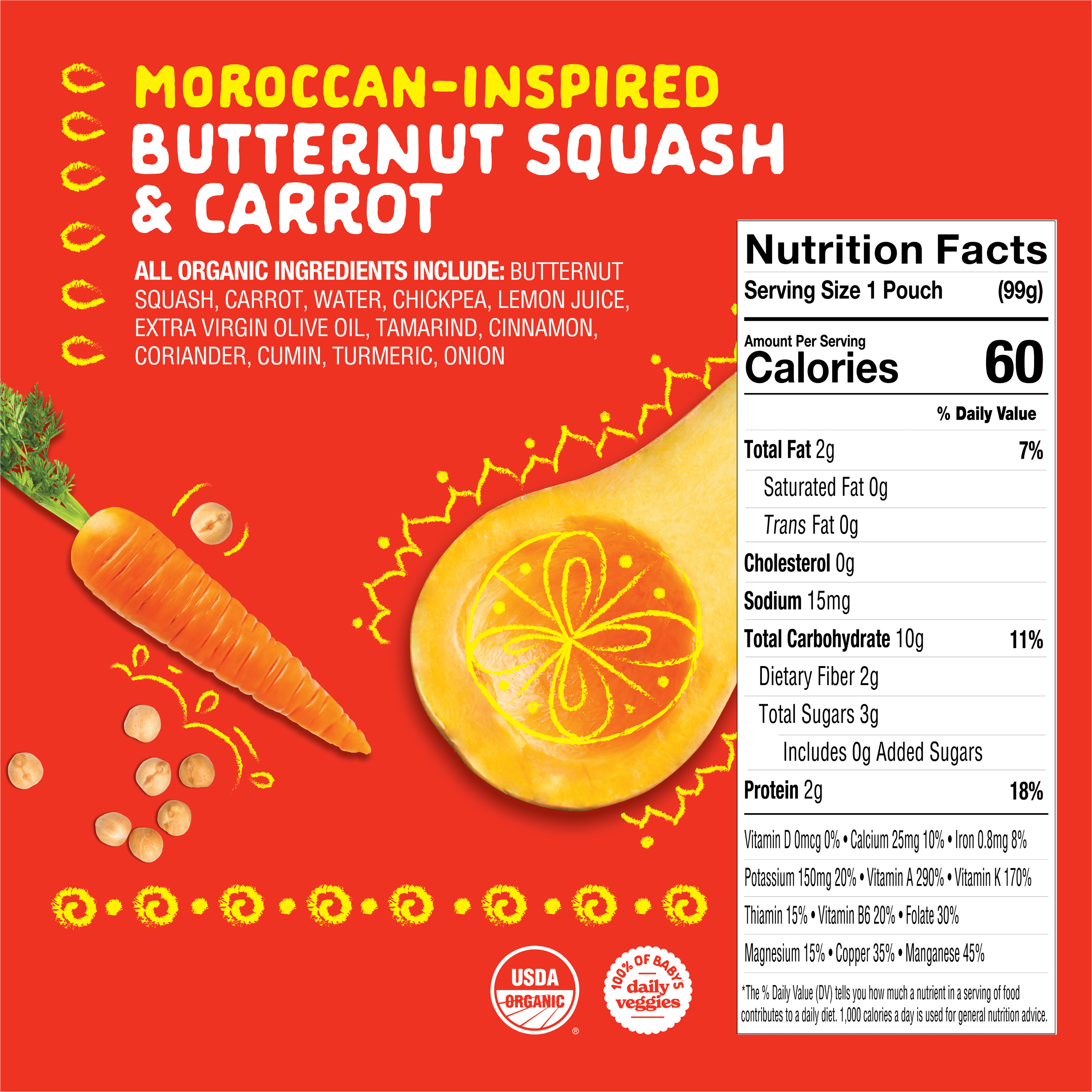 (4 pack) Lil’ Gourmets Refrigerated Stage 2 Baby Food, Moroccan-Inspired Butternut Squash & Carrot, 3.5 oz Pouch