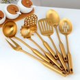 thumbnail image 3 of 7 Pcs Round Handle Cooking Utensil Set, 304 Stainless Steel Gold Titanium Plated Cookware Sets with Public Fork/Spoon, Potato Mashers, Slotted Spatula, Soup Ladle, Pasta Server, Kitchen Tool Gadget, 3 of 7
