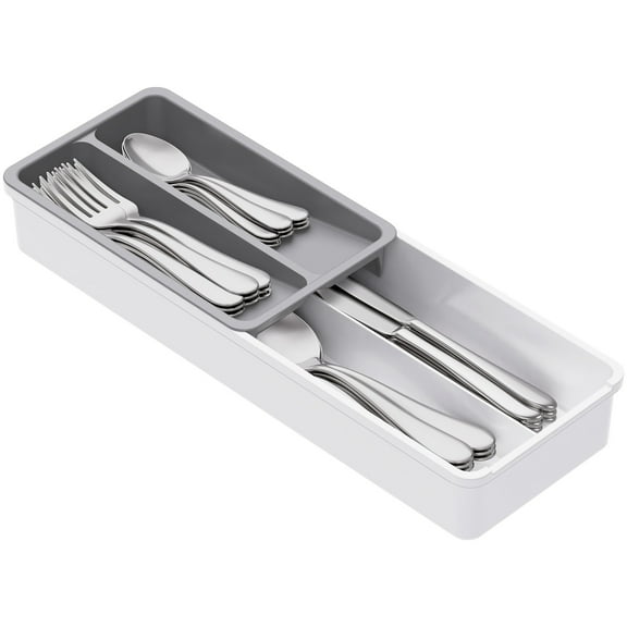 Lifewit Compact Silverware Organizer for Kitchen Drawer, Narrow Flatware Tray Holder, Plastic Cutlery Spoons, Forks and Knives Storage, White&Gray, 1 Pack