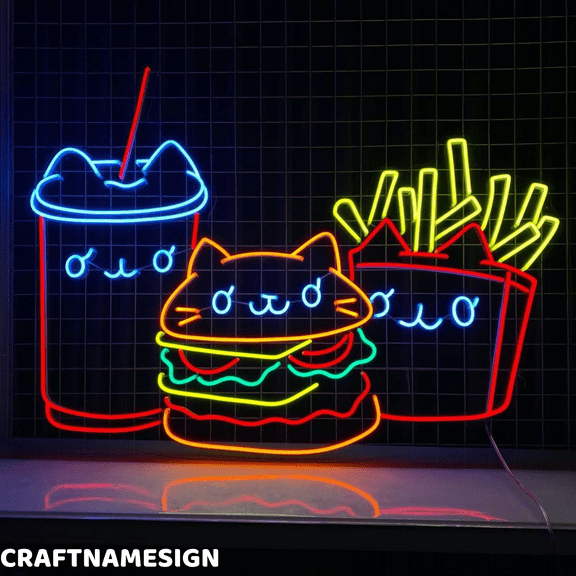 Craftnamesign Fast Food Neon Sign, Fast Food Restaurant Wall Art, Hamburger Shop Decor