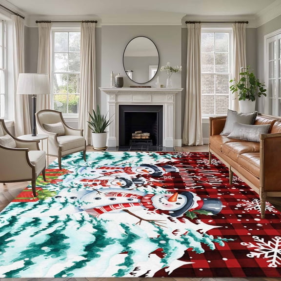 5'x7' Area Rugs for Living Room Bedroom, Christmas Washable Rug Carpet Runner Indoor Outdoor, Snowman Pine Trees Snowflakes Buffalo Plaid Non Slip Floor Mats Area Rug for Kitchen, Nursery