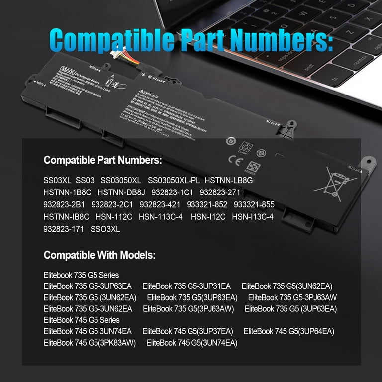 vhbw Batterij vervanging voor HP HSTNN-1B8C, HSTNN-DB8J, HSTNN-IB8C, HSTNN-LB8G, SS03, SS03050XL voor notebook (4250mAh, 11.55V, Li-Ion