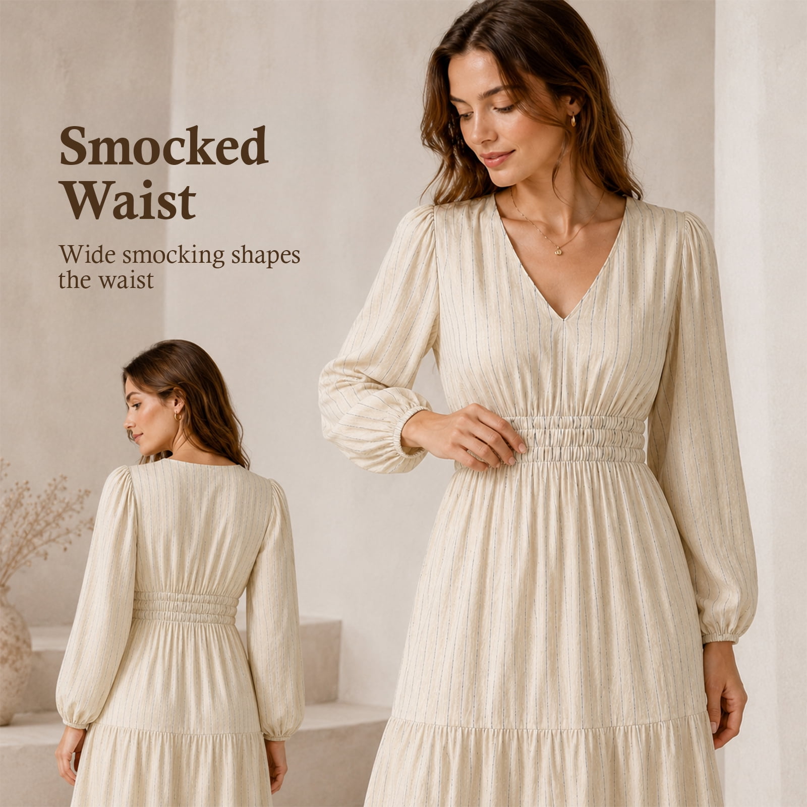 Alvantor Moonbeam Blue Stripe Women's Midi Dress, V-Neck Long Sleeve with Smocked Waist and Tiered Skirt