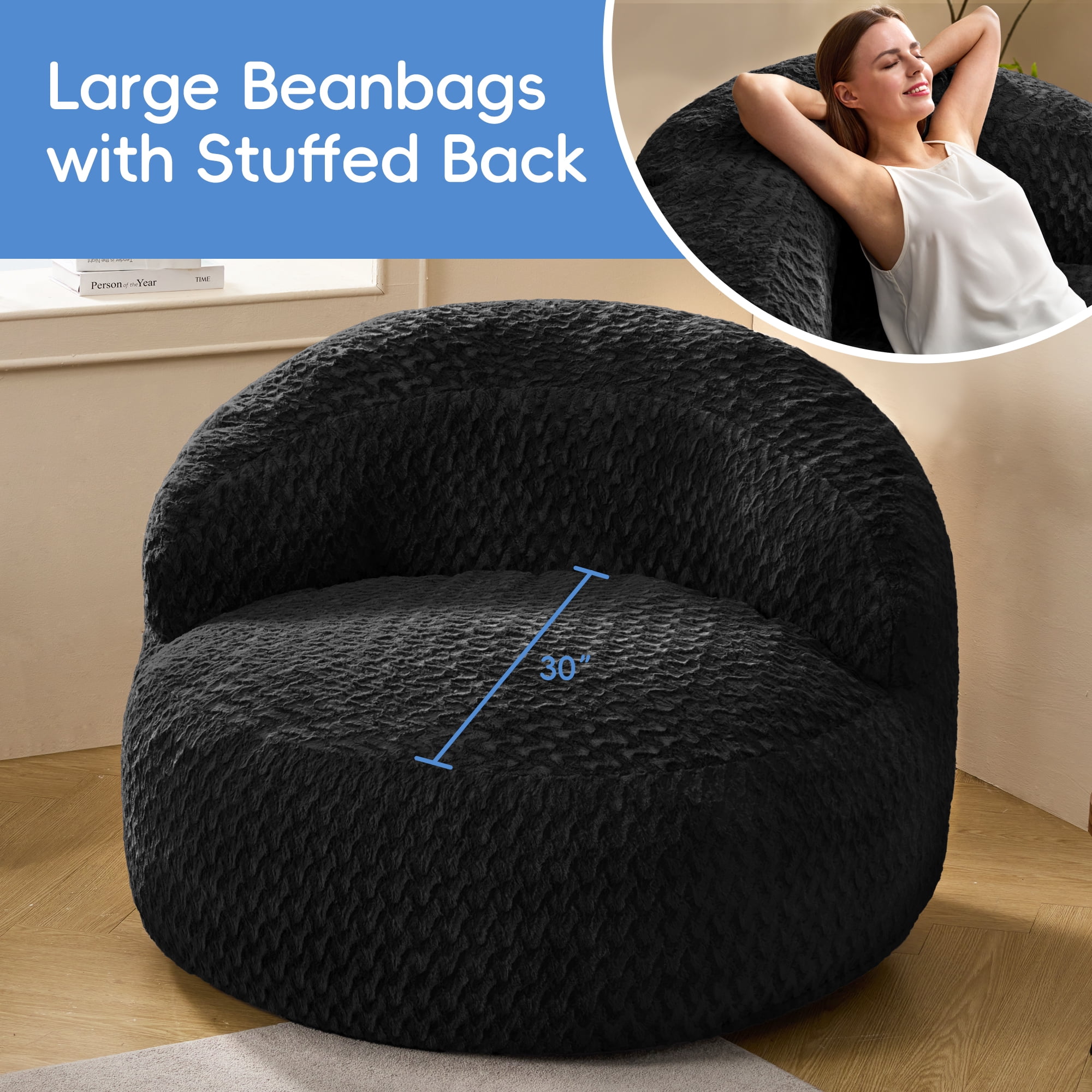 Hobestluk 4FT Bean Bag Chair for Adults with Memory Foam Filler Giant Beanbag with Faux Fur Cover for Bedroom (Chevron Black,Oversize)
