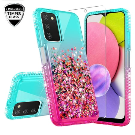 Liquid Quicksand Glitter Cute Phone Case for Samsung Galaxy A03S Case for Girls Women Clear Bling Diamond Phone Case Cover - Pink/Teal