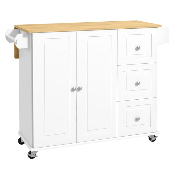 Kitchen Island Cart with Drop Leaf & Storage, 3 Drawers, White Wood Kitchen Island with Butcher Block Top, Spice Rack, Towel Rack, Rolling Kitchen Cart