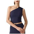 thumbnail image 3 of AGWOLF Women's Off the Shoulder Tank Tops Slim Fit Runched Yoga Top with Build in Bra Sleeveless Cropped Cami Summer Basic Tees Blue M, 3 of 5